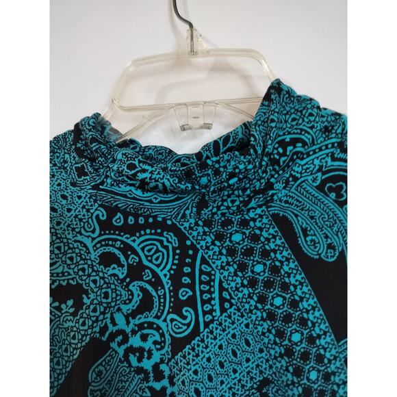 3771) Susan Graver Green Black Mix Print Tiered Mockneck 3/4 Sleeve Pullon Top M - Picture 5 of 8
